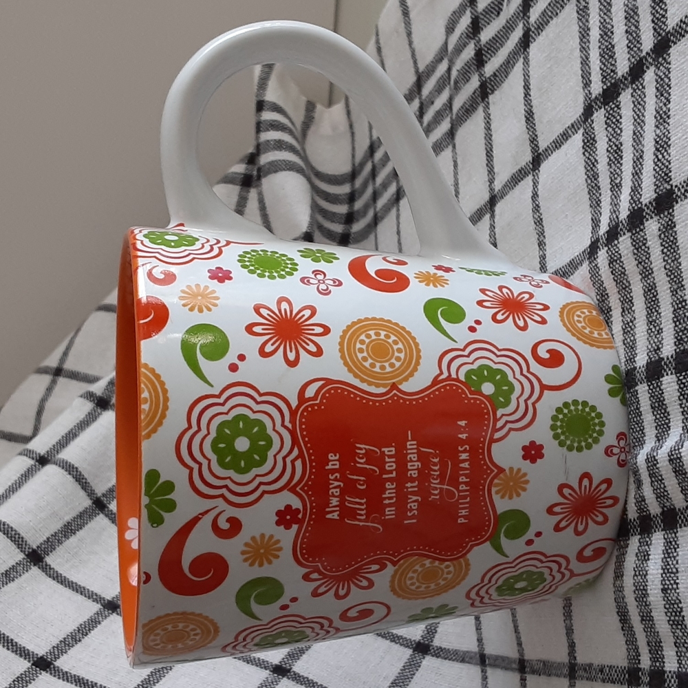 Colorful Inspirational Scripture Philippians 4:4 Be Joyful Orange Green Mug